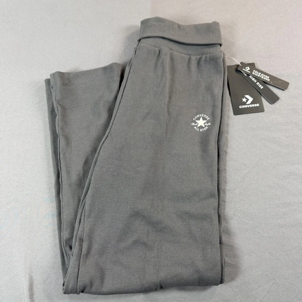 Converse Girls Ribbed Knit Wide Leg Pants Gray High Rise Fold Over Waist M 10-11